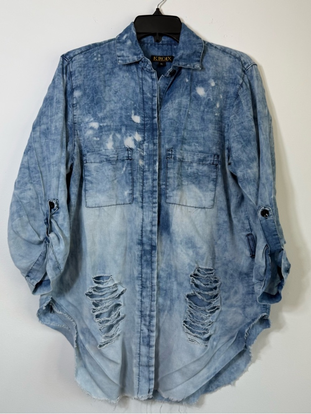 KROIX Distressed Acid Wash Bleached Denim Shirt XL Ripped High Low Grunge Boho